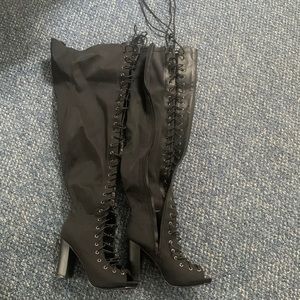 Thigh High Black Lace-up Heeled Boots Sz 7.5